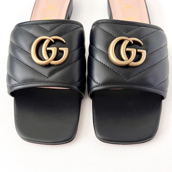 GUCCI | Marmont GG Jolie Matelasse Quilted Black Leather Low Heel Slides Sandals - Picture 4 of 14